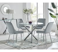 Selina Round Glass Chrome Leg Dining Table and Pesaro Silver Leg Chairs FurnitureboxUK Grey 4 Person