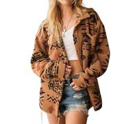 SELINK Womens Aztec Print Fleece Hoodie Jacket Button Down Shacket Casual Sherpa Coats Warm Outwear with Pockets, Coffee, Medium