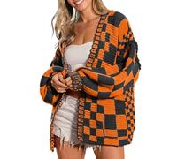 SELINK Women's Cardigan Sweater Vintage Open Front Mixed Checkered Pattern Chunky Knit Plaid Long Sleeve Daily Outwear, Z Orange, XL