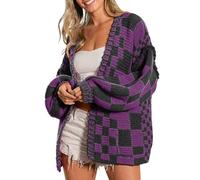 SELINK Women's Cardigan Sweater Vintage Open Front Mixed Checkered Pattern Chunky Knit Plaid Long Sleeve Daily Outwear, Z Black Purple, XL