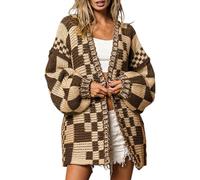 SELINK Women's Cardigan Sweater Vintage Open Front Mixed Checkered Pattern Chunky Knit Plaid Long Sleeve Daily Outwear