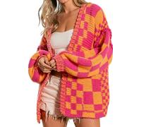 SELINK Women's Cardigan Sweater Vintage Open Front Mixed Checkered Pattern Chunky Knit Plaid Long Sleeve Daily Outwear, Multicolor, Small