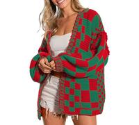 SELINK Women's Cardigan Sweater Vintage Open Front Mixed Checkered Pattern Chunky Knit Plaid Long Sleeve Daily Outwear, Red Green, Small