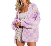 SELINK Women's Cardigan Sweater Vintage Open Front Mixed Checkered Pattern Chunky Knit Plaid Long Sleeve Daily Outwear, Purple Beige, L