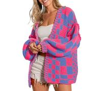 SELINK Women's Cardigan Sweater Vintage Open Front Mixed Checkered Pattern Chunky Knit Plaid Long Sleeve Daily Outwear, Pink, L
