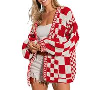 SELINK Women's Cardigan Sweater Vintage Open Front Mixed Checkered Pattern Chunky Knit Plaid Long Sleeve Daily Outwear