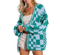 SELINK Women's Cardigan Sweater Vintage Open Front Mixed Checkered Pattern Chunky Knit Plaid Long Sleeve Daily Outwear, Green, Small