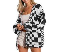 SELINK Women's Cardigan Sweater Vintage Open Front Mixed Checkered Pattern Chunky Knit Plaid Long Sleeve Daily Outwear, Black, L
