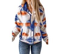 SELINK Womens Fleece Jacket Western Aztec Print Long Sleeve Snap Button Down Shacket Jackets with Pockets, Royal Blue, M