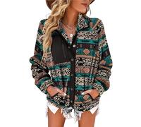 SELINK Womens Fleece Jacket Western Aztec Print Long Sleeve Snap Button Down Shacket Jackets with Pockets, Black, L