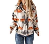 SELINK Womens Fleece Jacket Western Aztec Print Long Sleeve Snap Button Down Shacket Jackets with Pockets, Grey, M