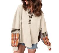 SELINK Womens Long Sleeve Henley Shirts Casual Waffle Stripe Plaid Patchwork Sweatshirts Knit Tops, Apricot, L