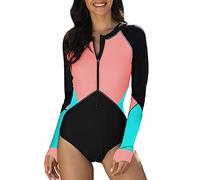 SELINK Women's Long Sleeve Rash Guard UV Protection Zipper Printed Surfing One Piece Swimsuit Bathing Suit, Z-pink, XL