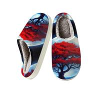 Seliveen Women's House Slippers Fuzzy Memory Foam Mens Home Shoes | Red Tree Full Moon Ladies Soft Warm Cozy Plush Slippers Slip-on Non-Slip Sole Winter Bedroom Indoor