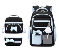 SellerFun Big Kid Girl Polyester Bow School Backpack Multi Zip Laptop Sleeve Water Repellent Trolley Belt(Black Light Blue 3-Piece Set, 32 Liters)