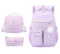 SellerFun Big Kid Girl Polyester Bow School Backpack Multi Zip Laptop Sleeve Water Repellent Trolley Belt(Light Purple 3-Piece Set, 32 Liters)