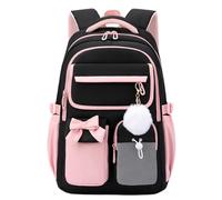 SellerFun Big Kid Girl Polyester Bow School Backpack Multi Zip Laptop Sleeve Water Repellent Trolley Belt(Black Pink, 32 Liters)