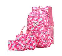 SellerFun Girl Geometric Printed Primary Junior High University School Bag Bookbag 3pcs Backpack Sets(2# Rose-3pcs,19L)