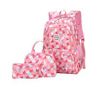 SellerFun Girl Geometric Printed Primary Junior High University School Bag Bookbag 3pcs Backpack Sets(2# Pink-3pcs,35L)