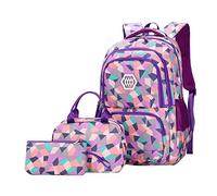 SellerFun Girl Geometric Printed Primary Junior High University School Bag Bookbag 3pcs Backpack Sets(2# Purple-3pcs,19L)