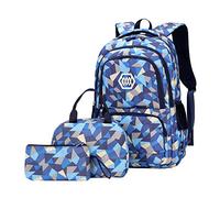 SellerFun Girl Geometric Printed Primary Junior High University School Bag Bookbag 3pcs Backpack Sets(2# Blue-3pcs,19L)