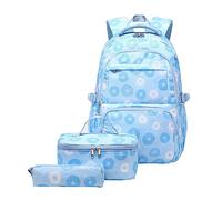 SellerFun Girls 3Pcs Backpack Sets Colorful Donuts Pattern Primary School Bookbag Junior High School Laptop Bag with Lunch Bag Pencil case(B-Blue,3Pcs Backpack)