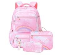 SellerFun Girls School Polyester Rainbow Butterfly Backpack Daypack Bag | Multi Pocket Side Bottle Mesh Vice 180 Open Organiser Chest Buckle Honeycomb Breathable Back Water Resistant (Pink 3-Piece Se