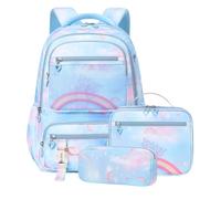 SellerFun Girls School Polyester Rainbow Butterfly Backpack Daypack Bag | Multi Pocket Side Bottle Mesh Vice 180 Open Organiser Chest Buckle Honeycomb Breathable Back Water Resistant (Blue 3-Piece Se