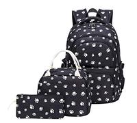 SellerFun School Backpack Sets 3pcs Dog Paw Prints Daypack for Teens Girls Primary School Students(Black,20L)