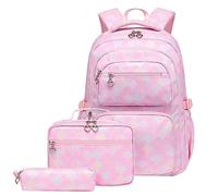 SellerFun School Backpack Sets 3pcs Fish Scale Pattern Daypack For Teens Girls Primary School Students(Pink Fish Scale,26 Liters)