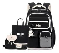 SellerFun Teen Girls Large Capacity Student Backpack with Back Support Middle School Bookbag for Youth(Black 4-Piece Set, 29 Liters)