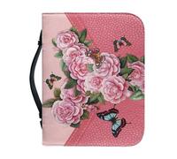 Sellikakes PU Leather Bible Carry Bag with Durable Handle and Zipper, Colorful Butterfly Design, Pink Floral Print, Bible Book Cover, Church Protector, Bible Holder for Bible Study