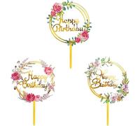 SELLORIA 3 Pcs Flowers Cake Toppers Acrylic Happy Birthday Cake Toppers Various Birthday Party and Wedding Cake Multi-Patterned Birthday Cake Topper Birthday Cake Decorations