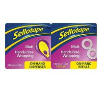 Sellotape On-Hand Dispenser - Both Hands Free for Crafting & Wrapping / 1 x Dispenser & 1 x (18mm x 15m) Invisible Matt Tape Roll
