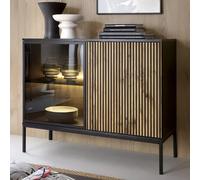 selma wooden display cabinet with 2 doors in black and wotan oak