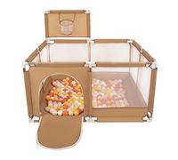 Selonis Square Play Pen Filed with 100 Balls Basketball, Beige:Yellow/Orange/Pastel Beige/White