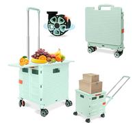 SELORSS BY10WX Foldable Shopping Trolley on 4 Wheels, 55L/80KG Large Capacity, Upgrade Flat Pull Style Collapsible Mobility Box Rolling Cart with Extended Lid, Grocery Dolly for Camping/Teacher, Green