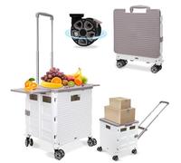 SELORSS BY10WX Foldable Shopping Trolley on 4 Wheels, 55L/80KG Large Capacity, Upgrade Flat Pull Style Collapsible Mobility Box Rolling Cart with Extended Lid, Grocery Dolly for Camping/Teacher, White