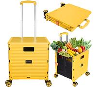 SELORSS Foldable Utility Cart Portable Collapsible Crate Rolling Carts with Wheels Rolling Tote Basket Teacher Cart with Lid Wear-Resistant 360°Rotate Wheel Noiseless for Shopping Storage Office Use