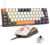 SELORSS RK-T60 Wired Mechanical Gaming Keyboard and Mouse Combo Mini Portable with Rainbow Backlit 62Key NKRO 6400DPI RGB Honeycomb Mice Coiled Aviator Cable for PS4/PC/WIN Gamer(Milk/Brown Switch)