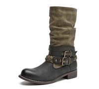 SelRoys Women’s Mid-calf Motorcycle Riding Boots with Buckle Straps Pull-on Low Block Heel Round Toe Slouchy Boots, Green, 5.5 UK