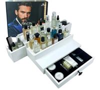 SeLuM White Cologne Organizer for Men 3 Tier | Wooden Perfume Stand | High Grade Velvet Lining and Stylish Gift Box | Extendable Side Compartments | Fragrance Display Shelf