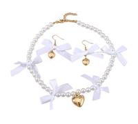 SELVFZ Beautiful Children's Bowknot Necklace Earrings Set Delicate Heart Pendant Pearls Necklace Bowknot Earring Adornment