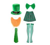 SELVFZ Patricks Day Bartender Costume Adult Bartender Outfit Includes Hat Skirt Neck Tie Realistic Beard Striped Stocking Adult Celebration Costume