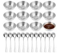 Selvotran 12 Pcs Stainless Steel Sauce Dishes, 3.3 in Round Mini Prep Bowls with 12 Small Spoons, Silver Individual Appetizer Plates for Sushi Dipping, Side Dishes, Seasoning, Cooking and Serving