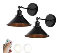 SEMANHUAOZ Battery Operated Black Industrial Wall Sconce (Set of 2), Farmhouse Wireless Wall Light with Remote, Vintage Bedside Wall Lamp for Bedroom, Living Room, Headboard(Black)