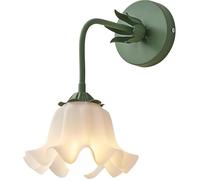 SEMANHUAOZ White Flower Wall Sconce - Nordic Modern Milk Glass Wall Light with Green Floral Design - Bedroom/Bedside/Living Room/Farmhouse Hanging Lamp
