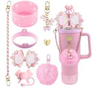 SEMATA Bling Stanley Cup Accessories for 40oz & 30oz Tumbler Including Silicone Cute Bow Straw Topper Cover, Silicone Stanley Cup Boot,Leather Water Bottle Handle Strap, Charms(Pink)