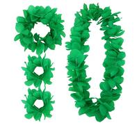 Semato 4 Pcs Green Hawaiian Lei Set for Luau Party Flower Leis Garland Headband Bracelets Halloween Costume Hawaiian Accessories Beach Party Supplies