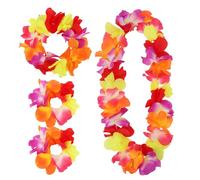 Semato 4 Pcs Red Multicolor Hawaiian Lei Set for Luau Party Flower Leis Garland Headband Bracelets Halloween Costume Hawaiian Accessories Beach Party Supplies